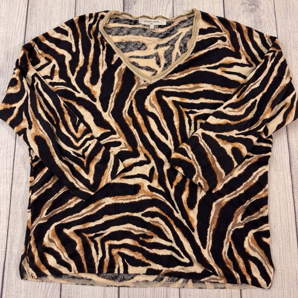 Gerard Darel Paris Women's 2 Zebra Animal Print V-Neck Linen Blend Minimalist